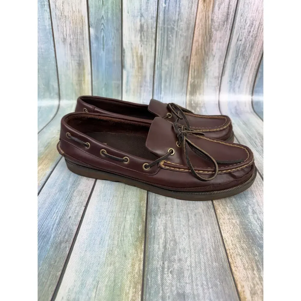 Cabela's Docksider Boat Shoes Brown Leather Vibram Sole Men's Size 12 1 Eye - Picture 3 of 8
